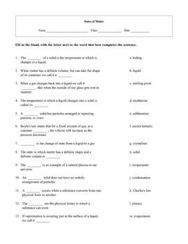 states of matter worksheet answers pdf